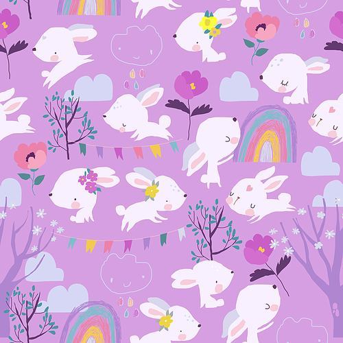 Vector Seamless Pattern with Funny Rabbits, Blossom Trees and Rainbow