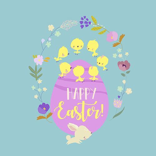 Vector Cute Cartoon Illustration with Easter Egg and Chicks