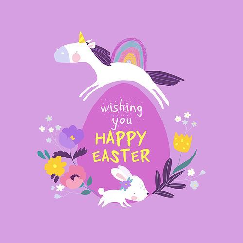 Cute Unicorn, Easter Bunny and Easter Egg. Happy Holidays. Vector Illustration