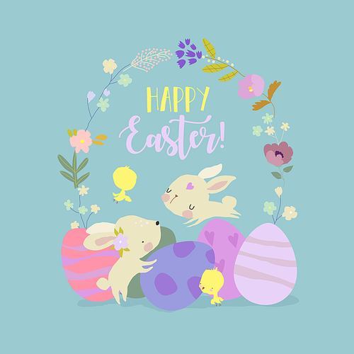 Cute Easter Bunnies and Easter Egg. Happy Holidays. Vector Illustration