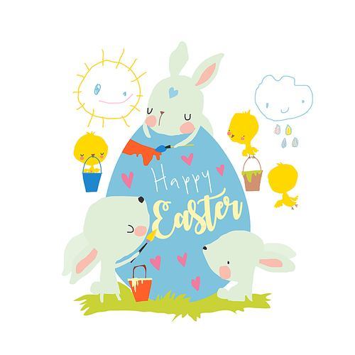cute . bunnies coloring big . egg. happy holidays. vector illustration