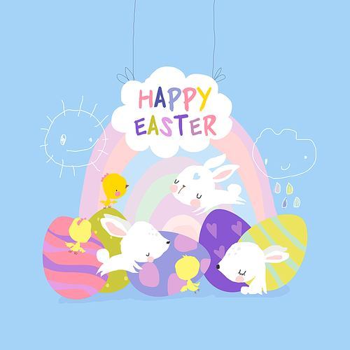 cute . bunnies and . egg. happy holidays. vector illustration