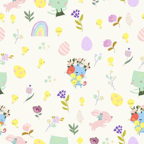 vector seamless pattern with funny cats and . elements