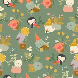 Vector Seamless Pattern with Cartoon Animals and Houseplants
