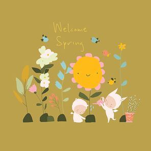 Cute Little Angels planting Beautiful Spring Flowers. Vector Illustration