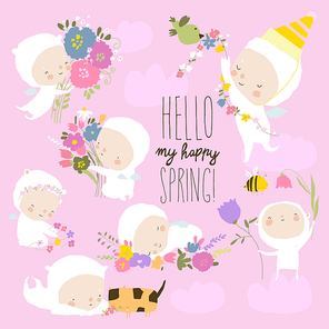 Set of Cute Little Angels with Spring Flowers. Vector Illustration