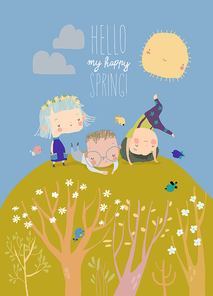 Cartoon Happy Children enjoying Spring in Blossom Park. Vector Illustration
