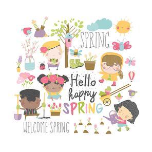 Cartoon kids and spring elements. Vector collection