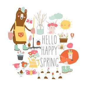 Cartoon characters and spring elements. Vector collection