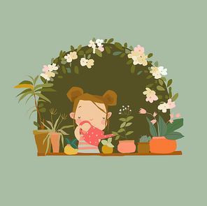 Cute Little Girl watering House Plants with Watering Can. Vector illustration