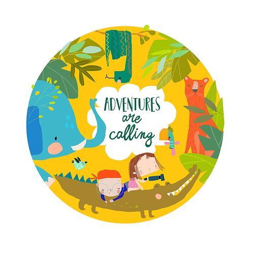 Happy Cartoon Kids with Funny Animals in Jungle. Vector Illustration