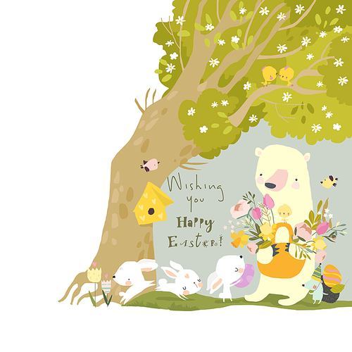 Cute Cartoon Animals celebrating Easter in the Spring Forest. Vector Illustration