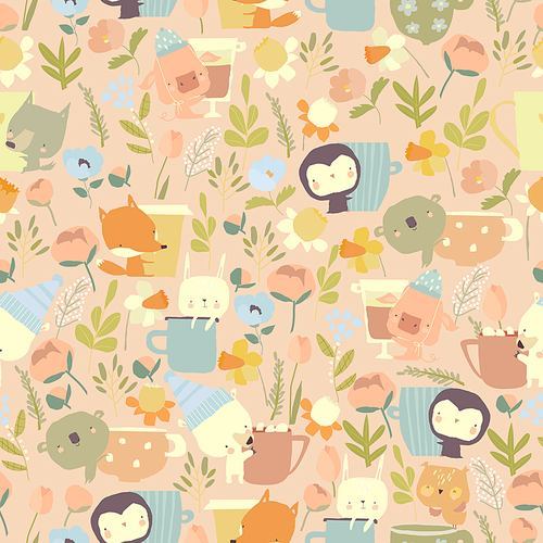 Vector sSeamless Pattern with Little Animal, Cute Cups and Flowers