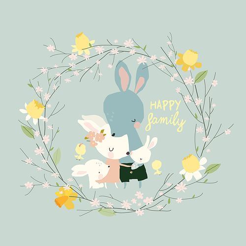 Vector Illustration of Happy Cartoon Rabbits Family with Newborn
