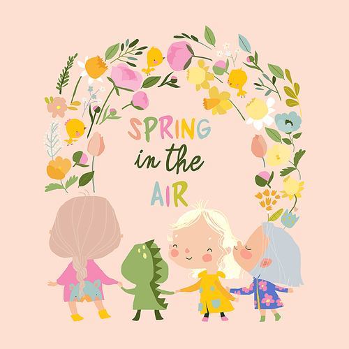 Vector Illustration of Kids wearing Colorful Raincoats and Boots and Spring Wreath of Flowers