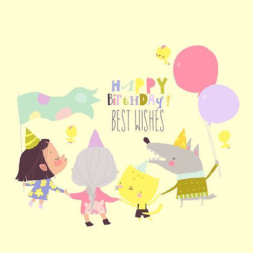 Cute Kids and Funny Animals celebrating Birthday. Vector Illustration