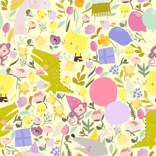Vector Seamless Pattern with Cute Animals celebrating Birthday