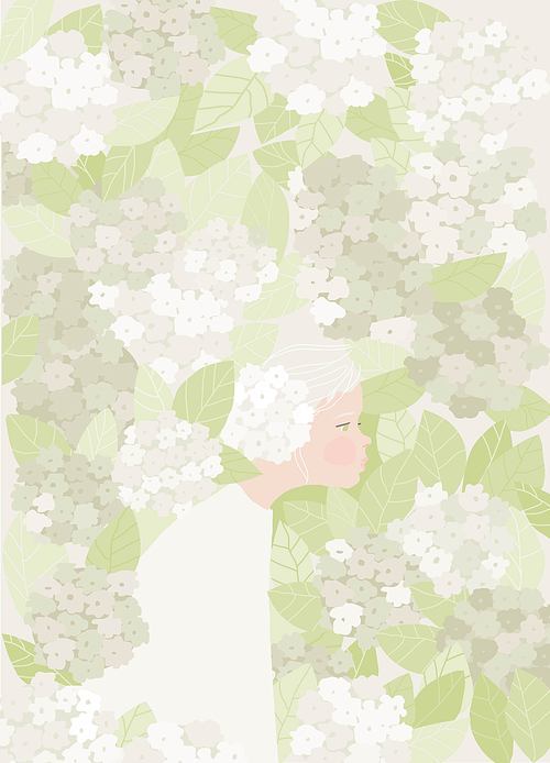 Beautiful Cartoon Girl standing in Hydrangea Flowers. Vector Illustration