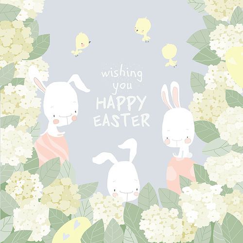 Cute Easter Bunnies with Easter Eggs in Hydrangea Bushes. Vector Illustration
