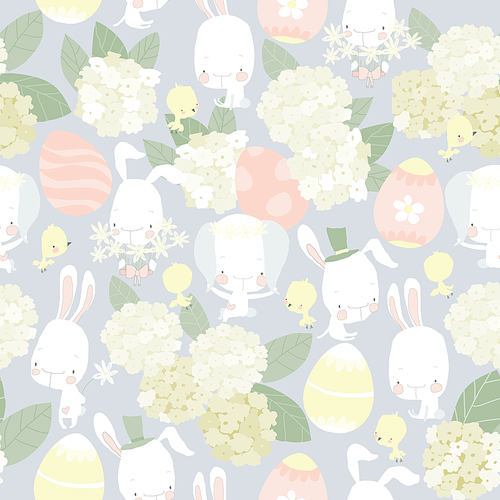 Vector Seamless Pattern with Cute Easter Bunnies, Easter Eggs anf Hydrangea