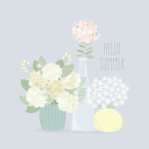 Cute Cartoon Summer Bouquets in Vases. Hydrangea, Daisy, Phlox. Vector Illustration
