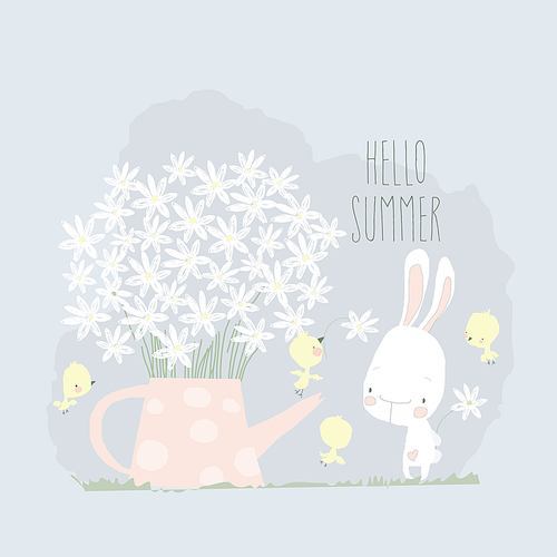 Little Cartoon Bunny and Bouquet of Daisies in Watering Can. Vector Illustration