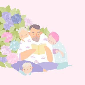 Cartoon Father reading Book with his Family in Bush of Hydrangea. Vector Illustration