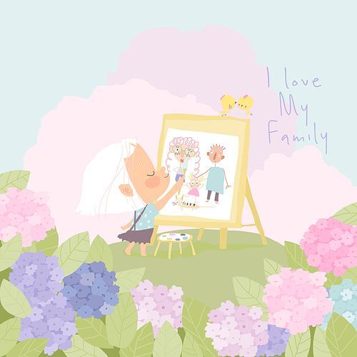 Cartoon Little Girl painting Portrait of Family on Flower Meadow. Vector Illustration