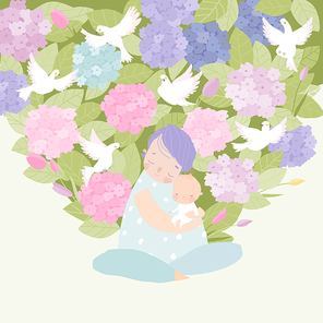 Happy Cartoon Mother hugging Baby in Hydrangea Flowers. Vector Illustration