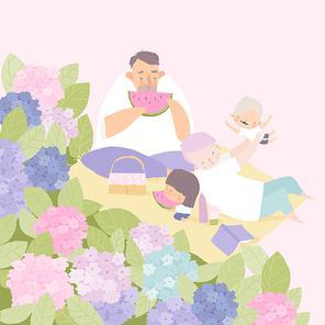 Cartoon Happy Family enjoying Picnic in Hydrangea Bushes. Vector Illustration