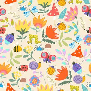 Vector Seamless Pattern with Insects in Summer Plants and Flowers