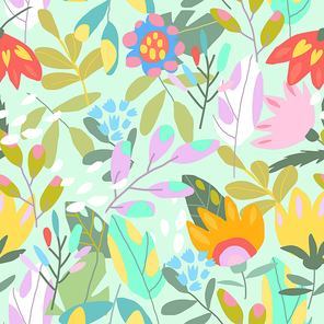 Vector Seamless Pattern with Colorful Exotic Flowers and Leaves