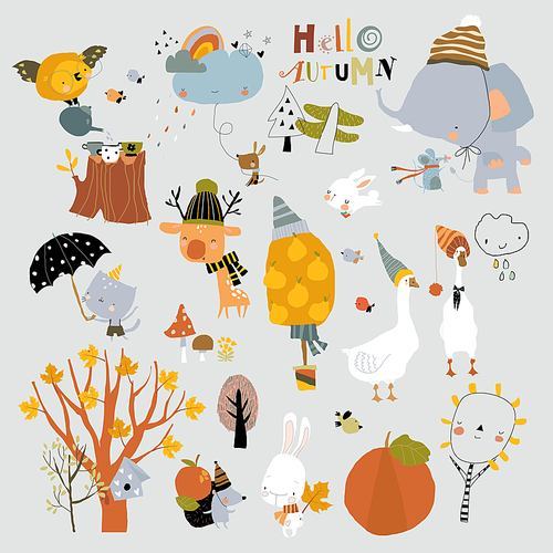 Cartoon Autumn Set with Funny Animals and Trees. Vector Illustration