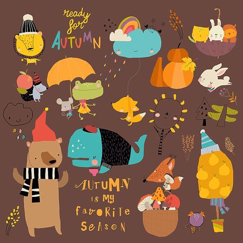 Cartoon Autumn Set with Funny Animals and Trees. Vector Illustration