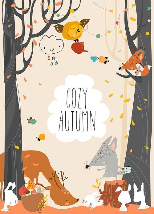 Cartoon Autumn Vector Illustration with Funny Animals in the Forest