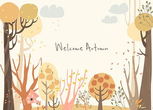 Vector Cartoon Frame with Autumn Color Trees and Bushes