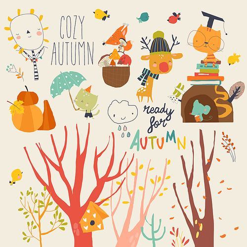 Cartoon Autumn Set with Funny Animals and Colorful Trees. Vector Illustration