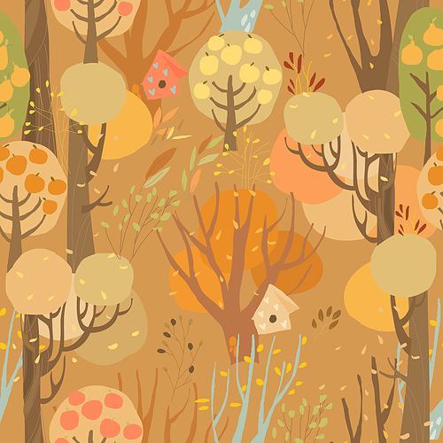 Vector Seamless Pattern with Autumn Colorful Trees on Brown Background