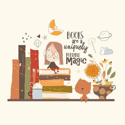 Cute Girl sitting on Big Stack of Books. Vector Illustration