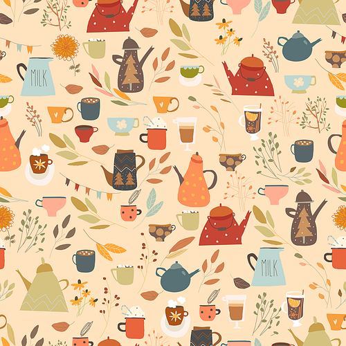 Vector Seamless Pattern with Different Cups, Kettles and Autumn Color Leaves