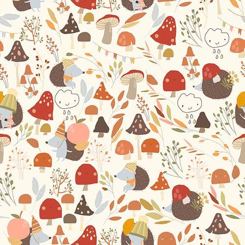 Vector Seamless Pattern with Cute Hedgehogs, Mushrooms and Colorful Autumnal Leaves