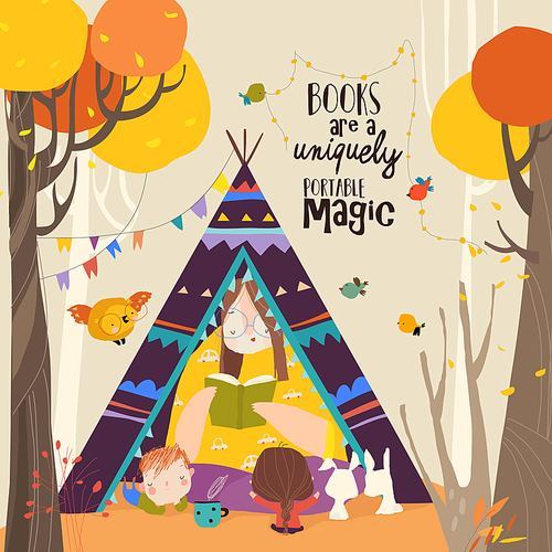 Mother reading Book with Her Children in a Teepee Tent in Autumn Park. Vector Illustration