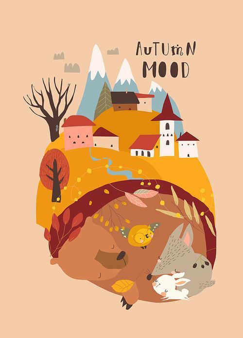 Cartoon Animals sleeping in Den near Little Town. Vector Illustration