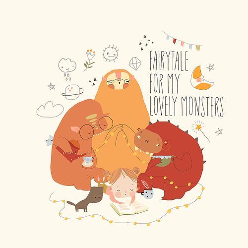 Cute Little Girl reading Fairytales to Monsters. Vector Illustration