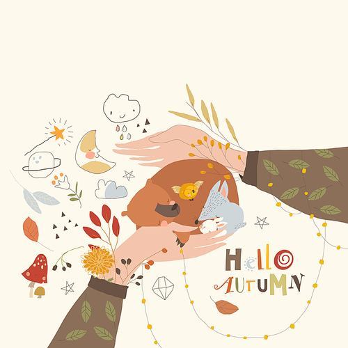 Cartoon Hands with Autumn Leaves holding Sleeping Animals. Vector Illustration