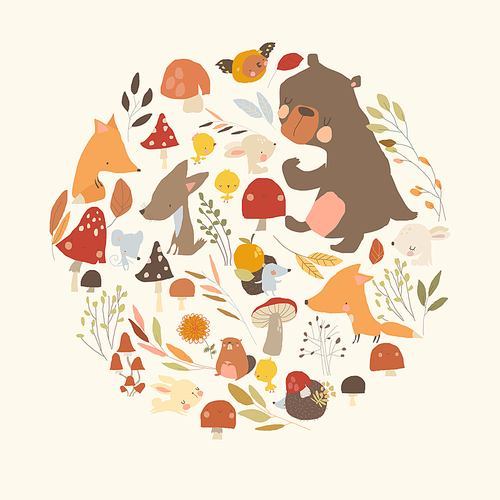 Vector Illustration with Group of Cartoon Animals, Leaves and Mushrooms