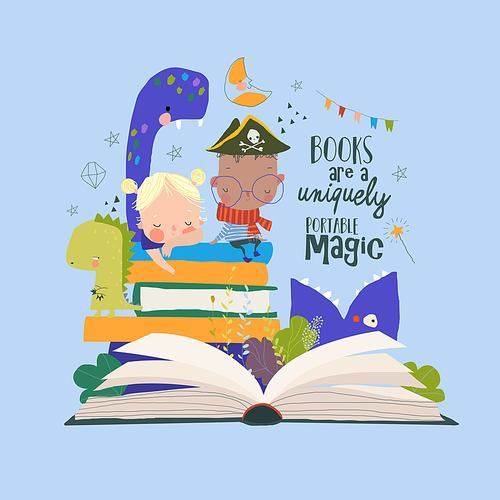 Cute Cartoon Children sitting on Stack of Books among Fairytale Monsters. Vector Illustration