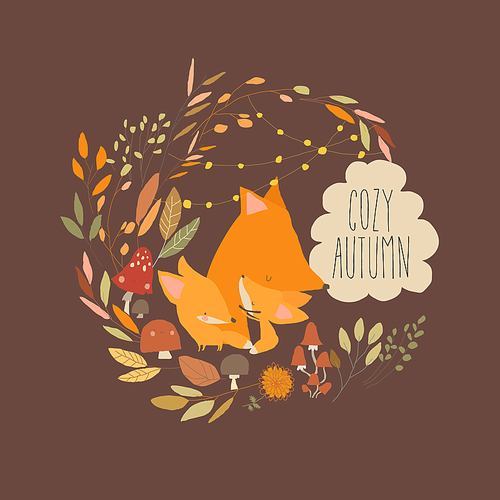 Cute Cartoon Fox hugging her Cub in Autumn Leaves. Vector Illustration