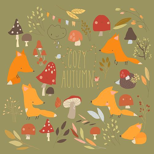 Vector Cartoon Set with Cute Foxes, Mushrooms and Colorful Autumnal Leaves