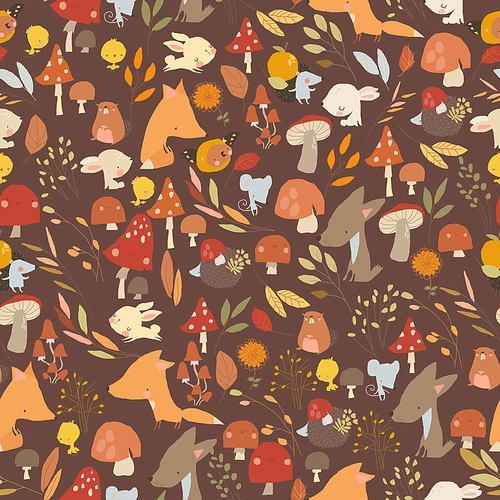 Vector Seamless Autumn Pattern with Cartoon Animals, Leaves and Mushrooms